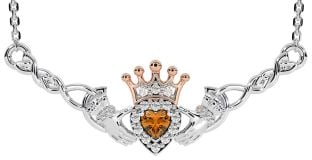 Citrine Rose Gold Silver Celtic Claddagh Necklace