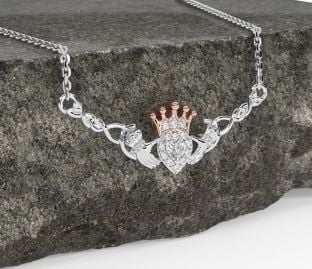 Diamond Rose Gold Silver Celtic Claddagh Necklace