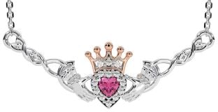 Pink Tourmaline Rose Gold Silver Celtic Claddagh Necklace