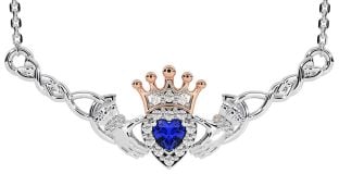 Sapphire Rose Gold Silver Celtic Claddagh Necklace