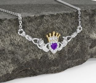 Amethyst Gold Silver Celtic Claddagh Necklace