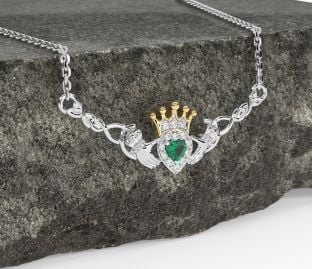 Emerald Gold Silver Celtic Claddagh Necklace