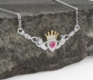 Pink Tourmaline Gold Silver Celtic Claddagh Necklace