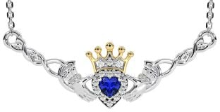 Sapphire Gold Silver Celtic Claddagh Necklace