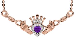 Amethyst Rose Gold Silver Celtic Claddagh Necklace