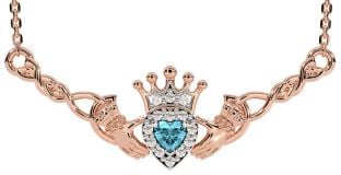 Aquamarine Rose Gold Silver Celtic Claddagh Necklace