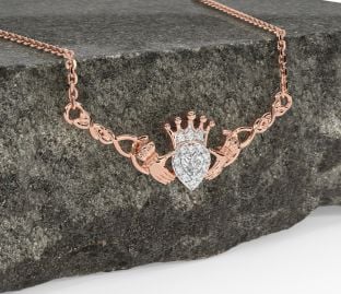 Diamond Rose Gold Silver Celtic Claddagh Necklace