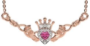 Pink Tourmaline Rose Gold Silver Celtic Claddagh Necklace