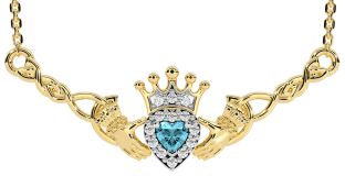 Aquamarine Gold Silver Celtic Claddagh Necklace