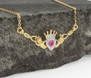 Pink Tourmaline Gold Silver Celtic Claddagh Necklace