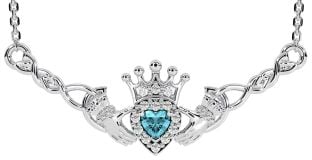 Aquamarine Silver Celtic Claddagh Necklace