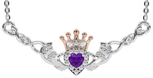 Amethyst Rose Gold Silver Celtic Claddagh Necklace