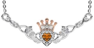 Citrine Rose Gold Silver Celtic Claddagh Necklace