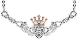 Diamond Rose Gold Silver Celtic Claddagh Necklace