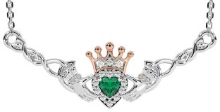 Emerald Rose Gold Silver Celtic Claddagh Necklace