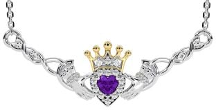 Amethyst Gold Silver Celtic Claddagh Necklace