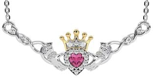 Pink Tourmaline Gold Silver Celtic Claddagh Necklace