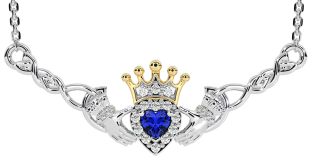 Sapphire Gold Silver Celtic Claddagh Necklace