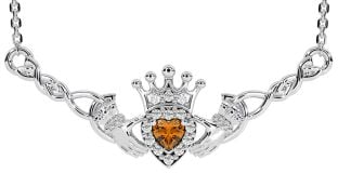 Citrine White Gold Celtic Claddagh Necklace