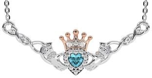 Aquamarine White Rose Gold Celtic Claddagh Necklace