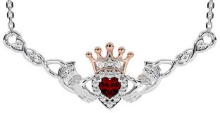 Garnet White Rose Gold Celtic Claddagh Necklace