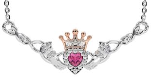 Pink Tourmaline White Rose Gold Celtic Claddagh Necklace