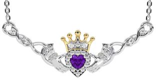 Amethyst White Yellow Gold Celtic Claddagh Necklace