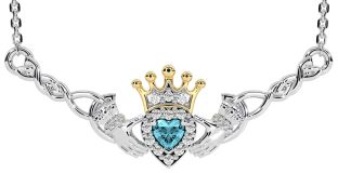 Aquamarine White Yellow Gold Celtic Claddagh Necklace