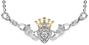 Diamond White Yellow Gold Celtic Claddagh Necklace