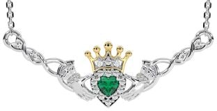 Emerald White Yellow Gold Celtic Claddagh Necklace