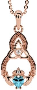 Diamond Aquamarine Rose Gold Silver Claddagh Celtic Trinity Knot Necklace