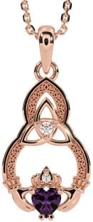 Diamond Alexandrite Rose Gold Silver Claddagh Celtic Trinity Knot Necklace