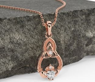 Diamond Rose Gold Silver Claddagh Celtic Trinity Knot Necklace