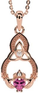 Diamond Pink Tourmaline Rose Gold Silver Claddagh Celtic Trinity Knot Necklace