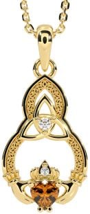 Diamond Citrine Gold Silver Claddagh Celtic Trinity Knot Necklace