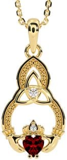 Diamond Garnet Gold Silver Claddagh Celtic Trinity Knot Necklace