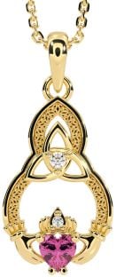 Diamond Pink Tourmaline Gold Silver Claddagh Celtic Trinity Knot Necklace