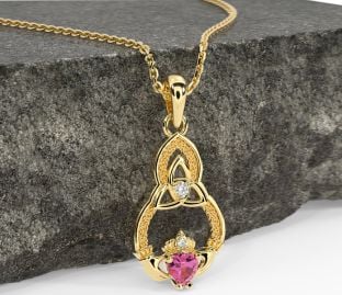 Diamond Pink Tourmaline Gold Silver Claddagh Celtic Trinity Knot Necklace