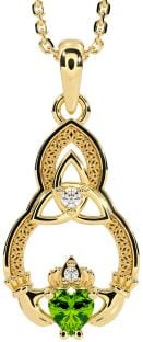 Diamond Peridot Gold Silver Claddagh Celtic Trinity Knot Necklace