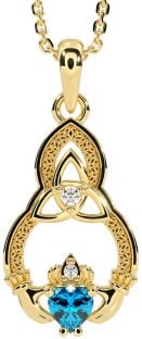 Diamond Topaz Gold Silver Claddagh Celtic Trinity Knot Necklace