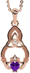 Diamond Amethyst Rose Gold Claddagh Celtic Trinity Knot Necklace