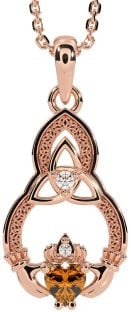 Diamond Citrine Rose Gold Claddagh Celtic Trinity Knot Necklace