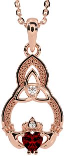 Diamond Garnet Rose Gold Claddagh Celtic Trinity Knot Necklace