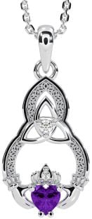 Diamond Amethyst Silver Claddagh Celtic Trinity Knot Necklace