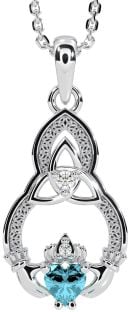 Diamond Aquamarine Silver Claddagh Celtic Trinity Knot Necklace