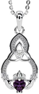 Diamond Alexandrite Silver Claddagh Celtic Trinity Knot Necklace