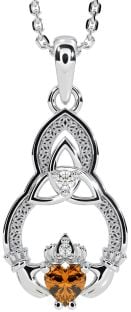 Diamond Citrine Silver Claddagh Celtic Trinity Knot Necklace