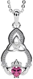 Diamond Pink Tourmaline Silver Claddagh Celtic Trinity Knot Necklace