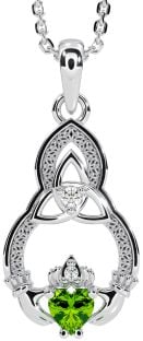 Diamond Peridot Silver Claddagh Celtic Trinity Knot Necklace