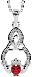 Diamond Ruby Silver Claddagh Celtic Trinity Knot Necklace